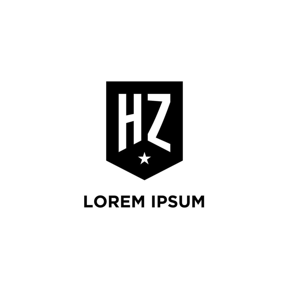 HZ monogram initial logo with geometric shield and star icon design style vector