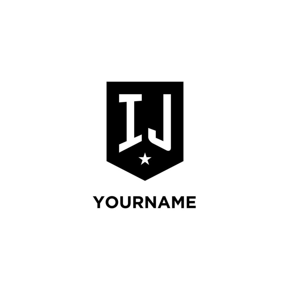 IJ monogram initial logo with geometric shield and star icon design style vector