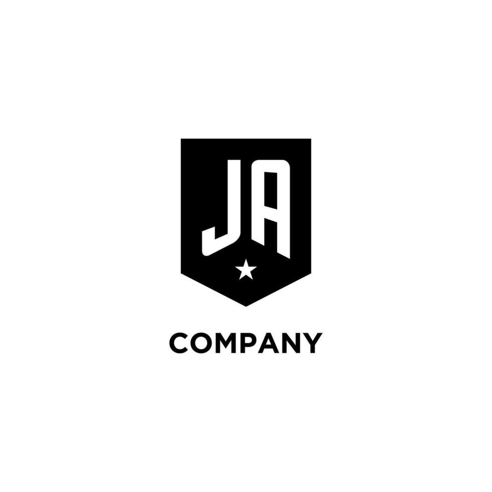 JA monogram initial logo with geometric shield and star icon design style vector