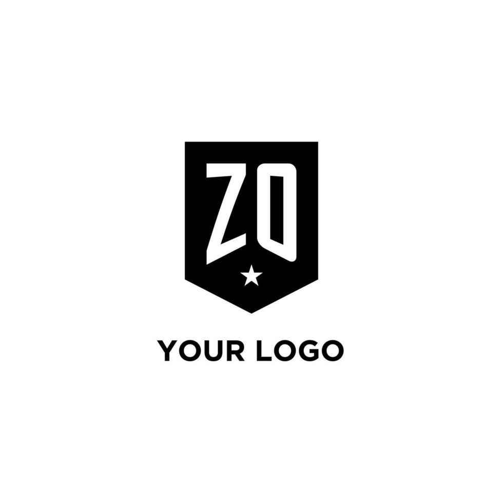 ZO monogram initial logo with geometric shield and star icon design style vector