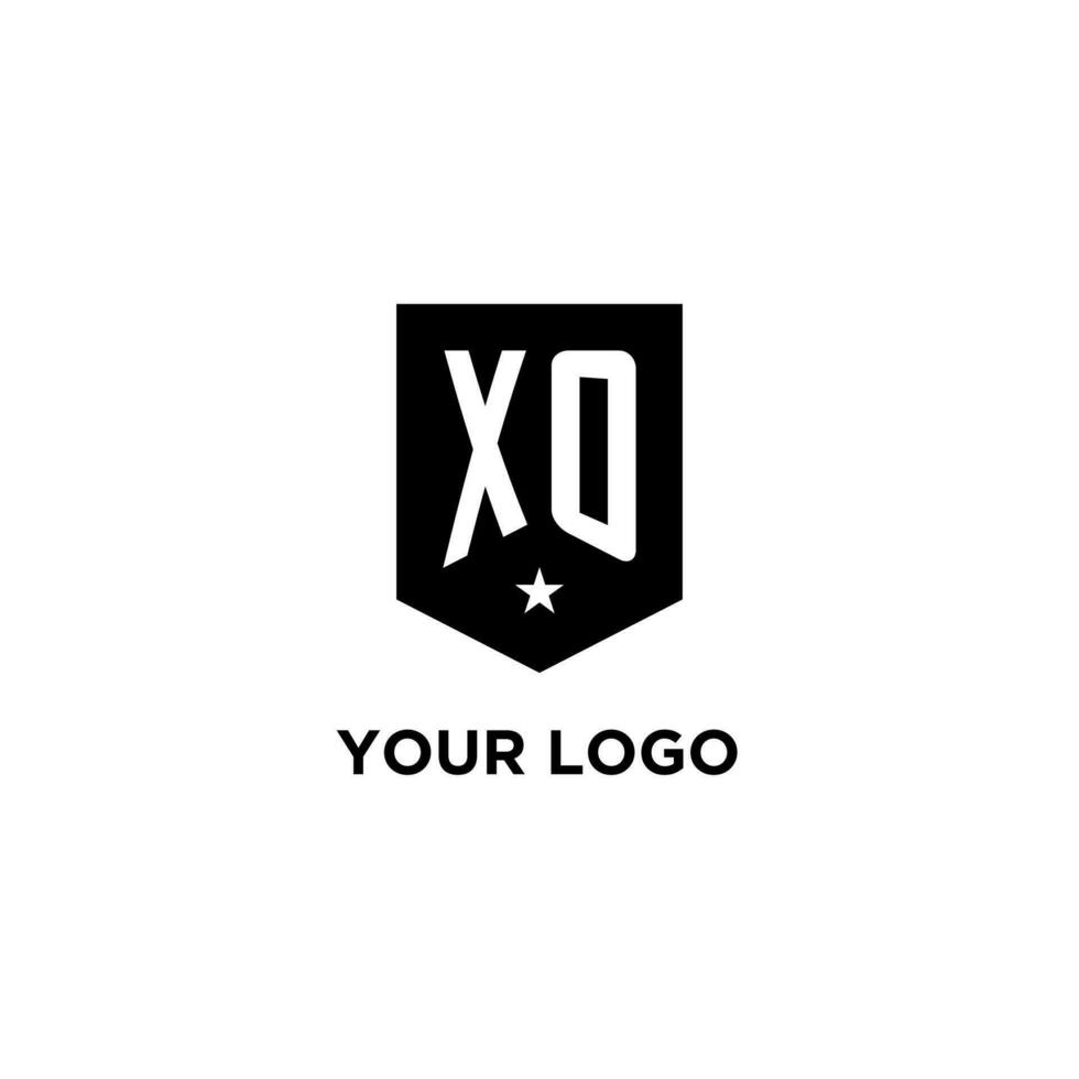 XO monogram initial logo with geometric shield and star icon design style vector