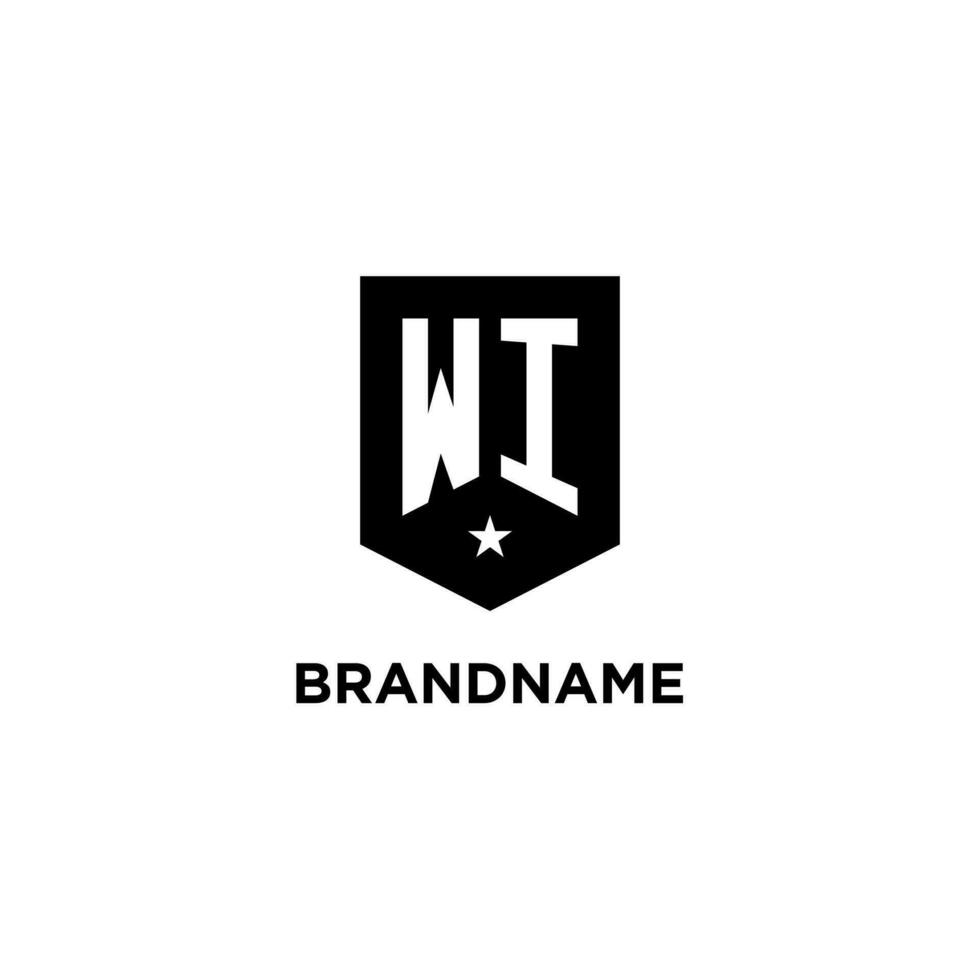 WI monogram initial logo with geometric shield and star icon design style vector