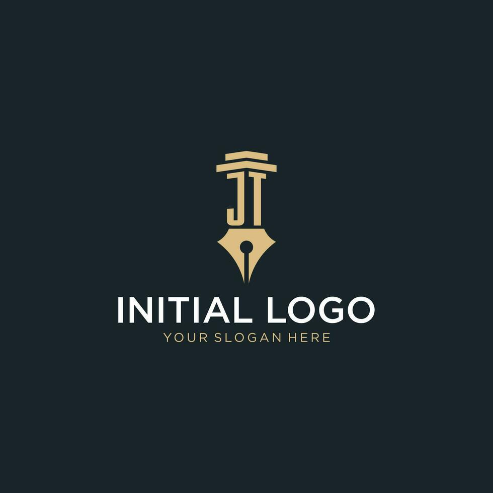 JT monogram initial logo with fountain pen and pillar style vector