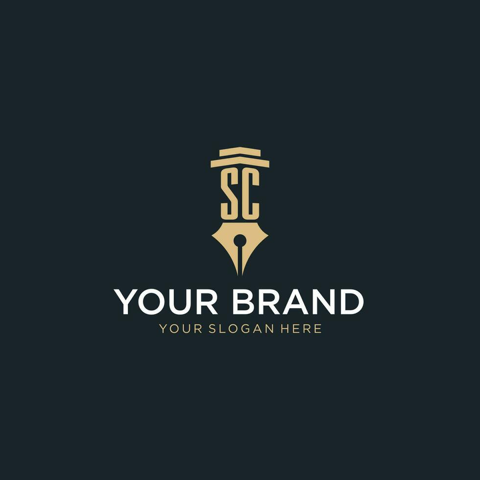 SC monogram initial logo with fountain pen and pillar style vector