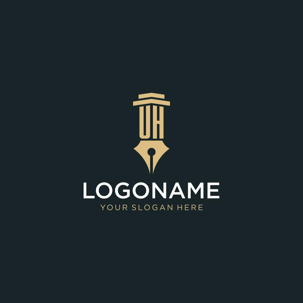 UH monogram initial logo with fountain pen and pillar style vector