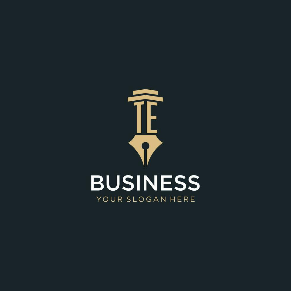 TE monogram initial logo with fountain pen and pillar style vector