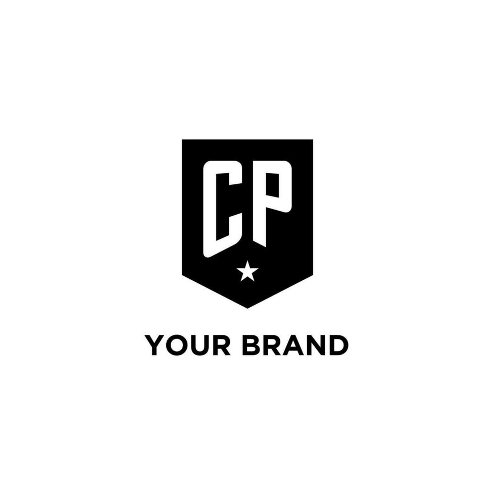 CP monogram initial logo with geometric shield and star icon design style vector