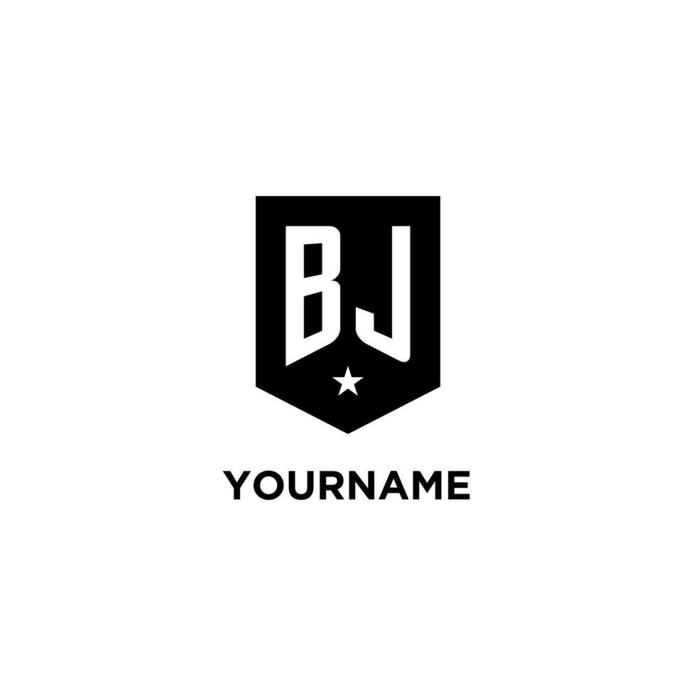 BJ monogram initial logo with geometric shield and star icon design style vector