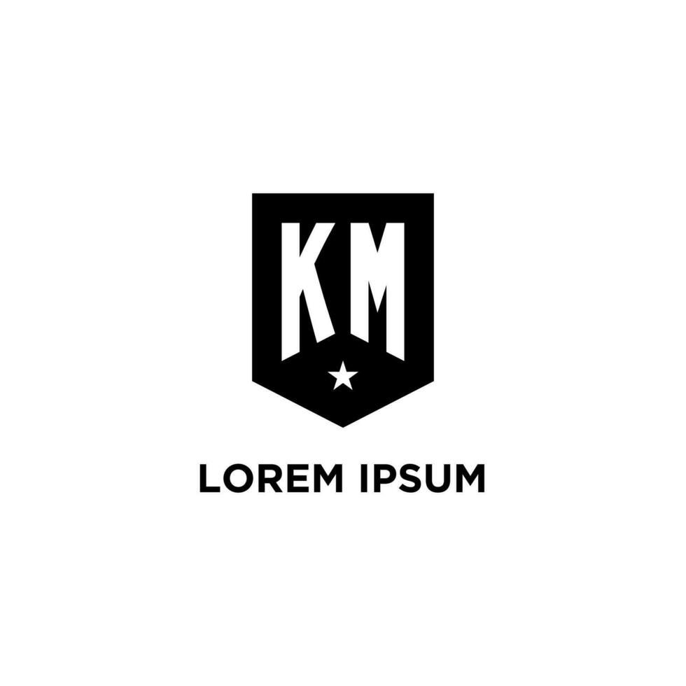 KM monogram initial logo with geometric shield and star icon design style vector