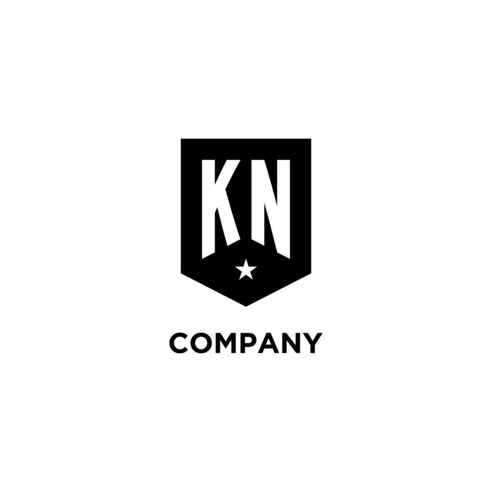 KN monogram initial logo with geometric shield and star icon design style vector