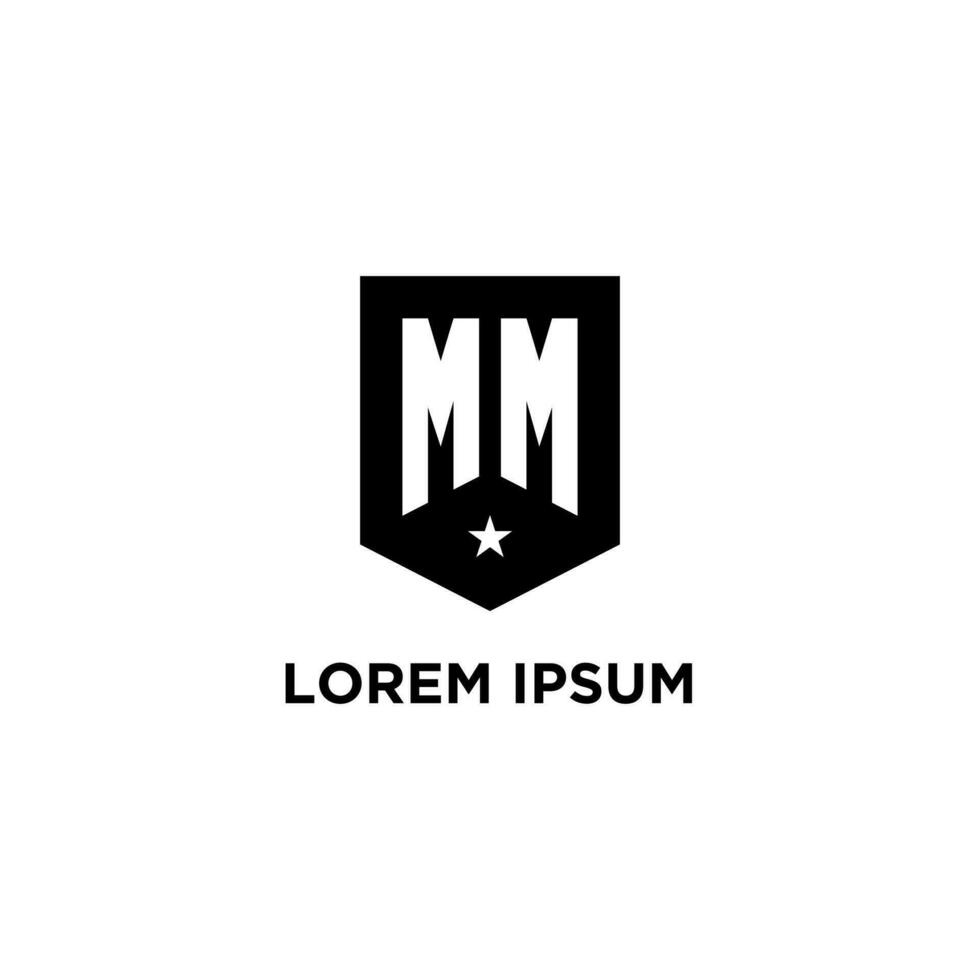 MM monogram initial logo with geometric shield and star icon design style vector
