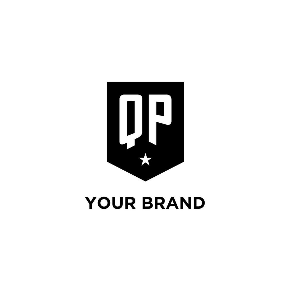QP monogram initial logo with geometric shield and star icon design style vector