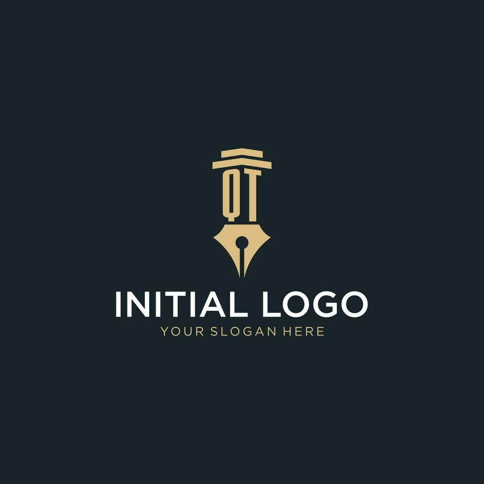 QT monogram initial logo with fountain pen and pillar style vector