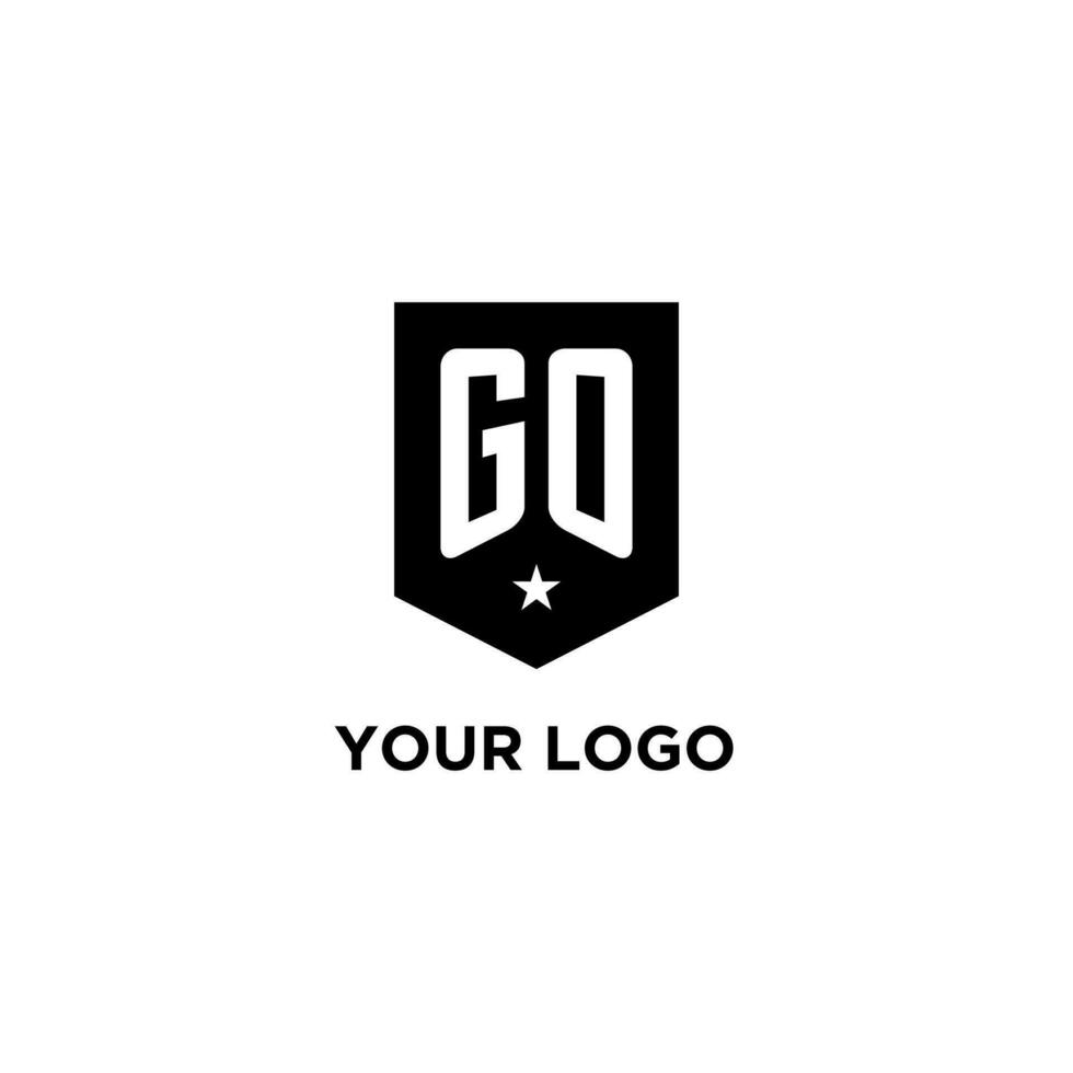 GO monogram initial logo with geometric shield and star icon design style vector