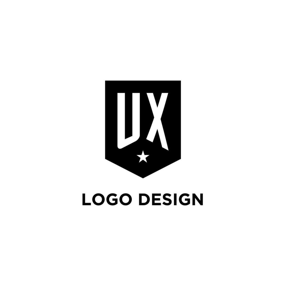 UX monogram initial logo with geometric shield and star icon design style vector