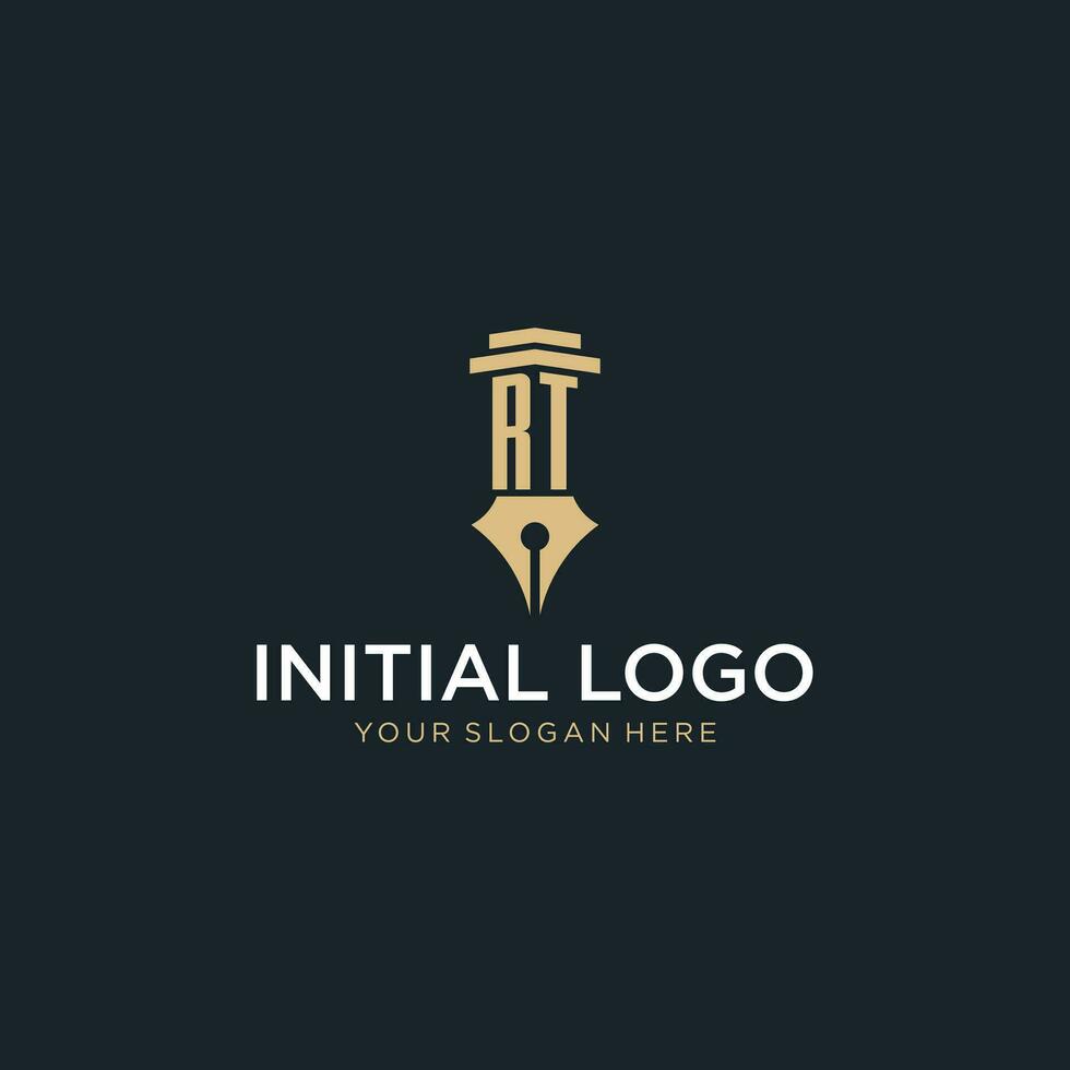 RT monogram initial logo with fountain pen and pillar style vector