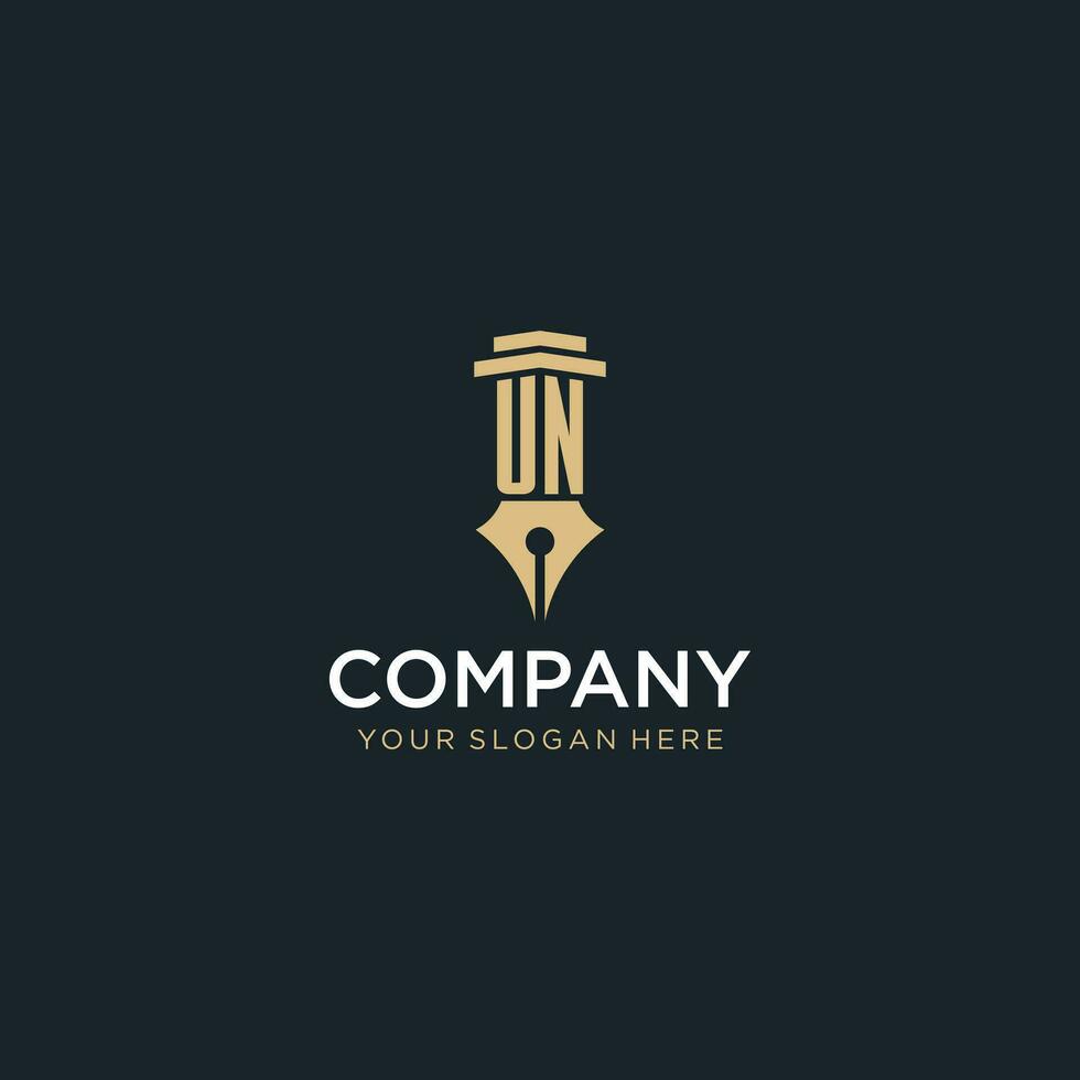 UN monogram initial logo with fountain pen and pillar style vector