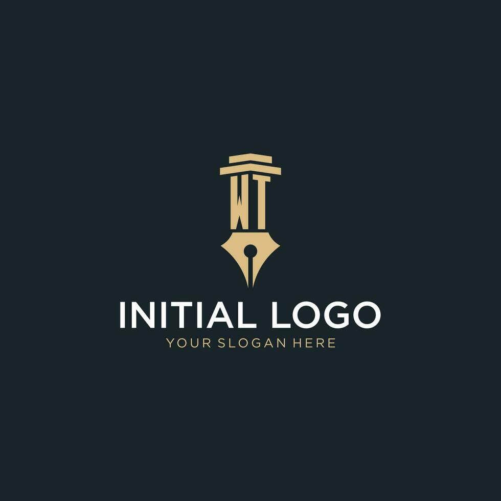 WT monogram initial logo with fountain pen and pillar style vector