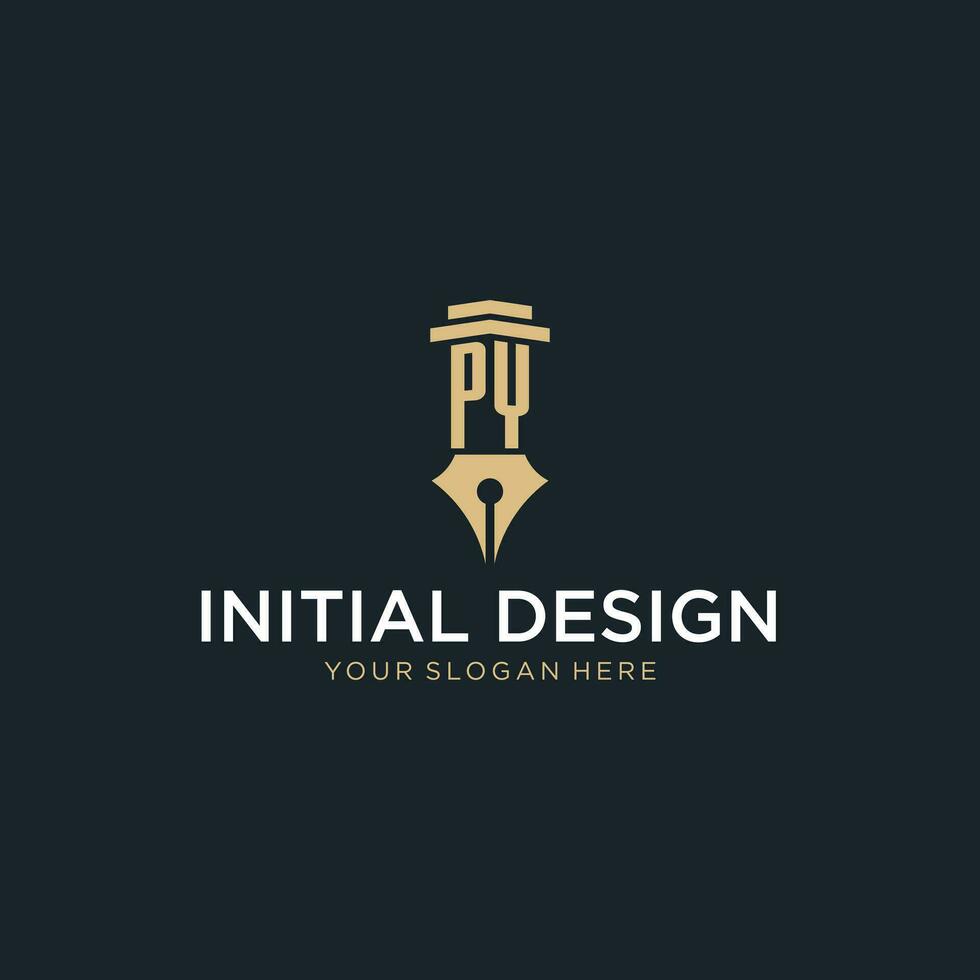 PY monogram initial logo with fountain pen and pillar style vector