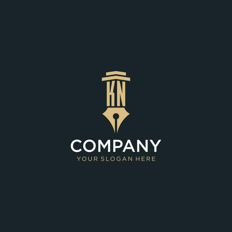 KN monogram initial logo with fountain pen and pillar style vector