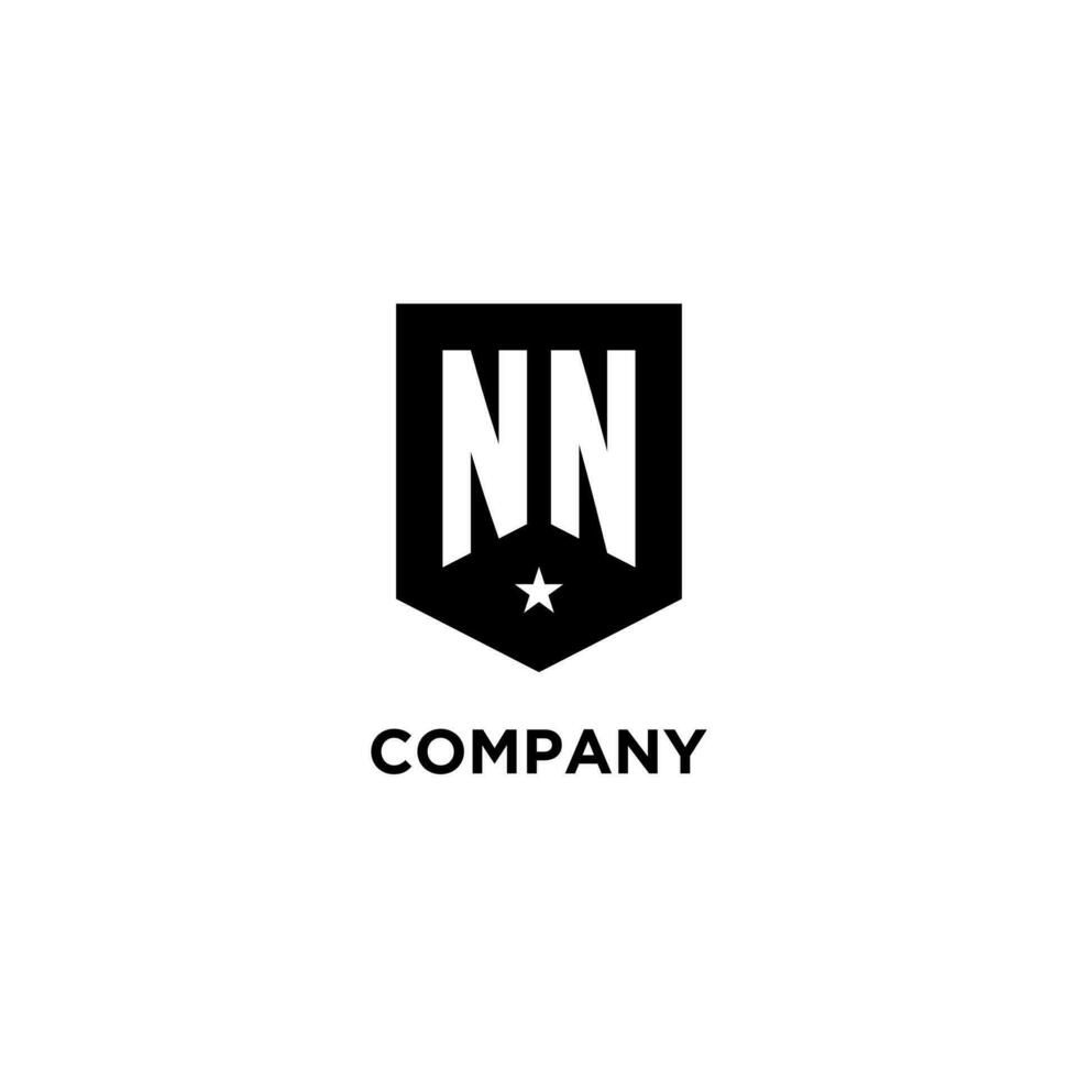 NN monogram initial logo with geometric shield and star icon design style vector