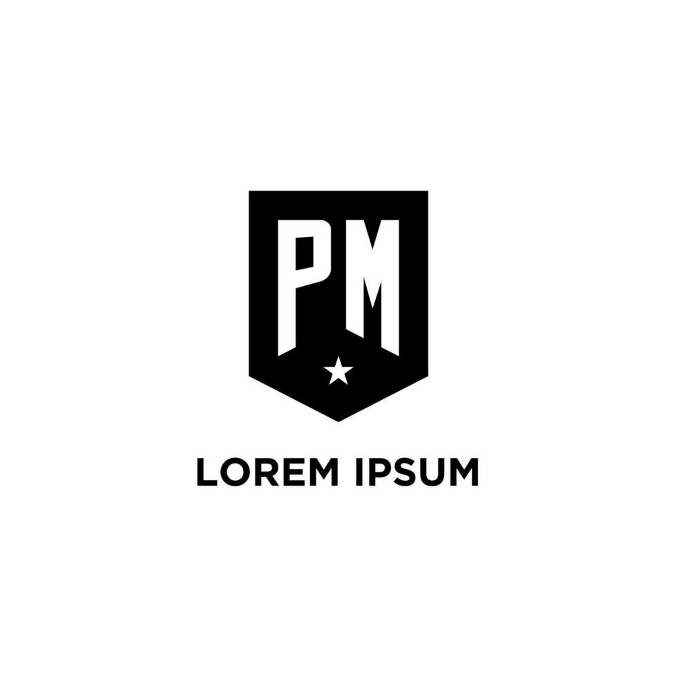 PM monogram initial logo with geometric shield and star icon design style vector