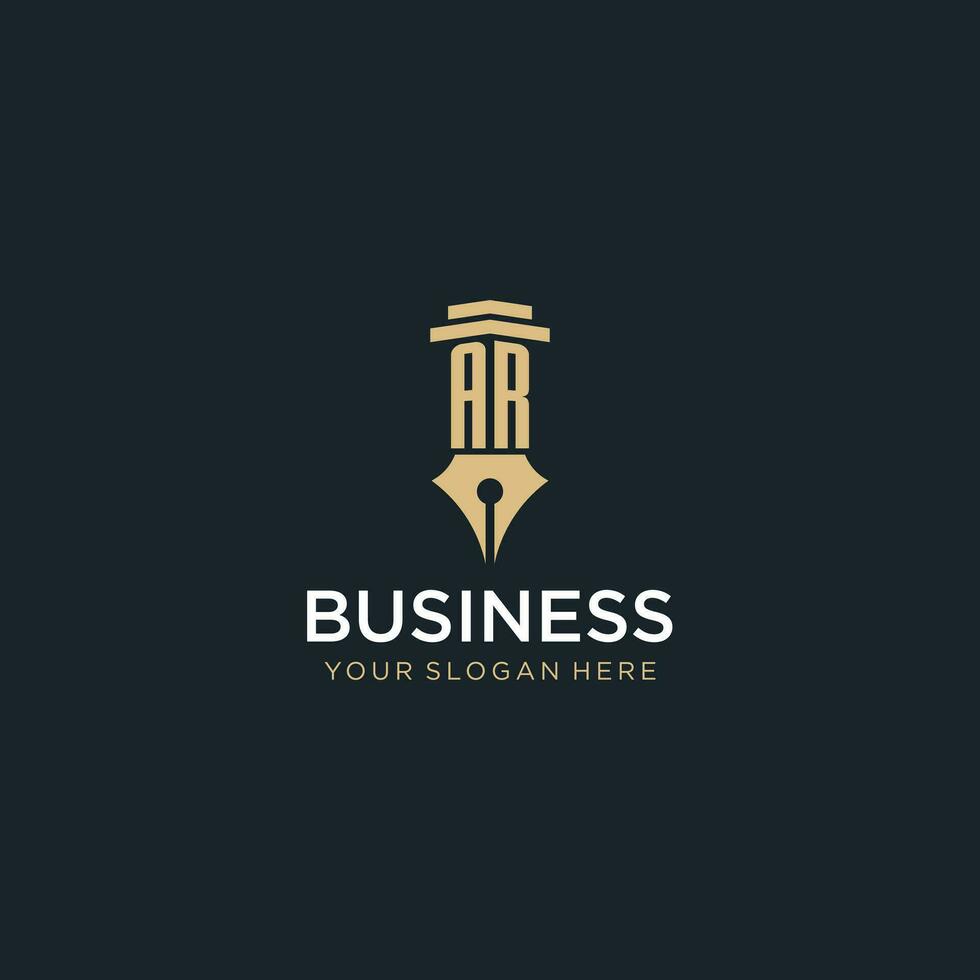 AR monogram initial logo with fountain pen and pillar style vector