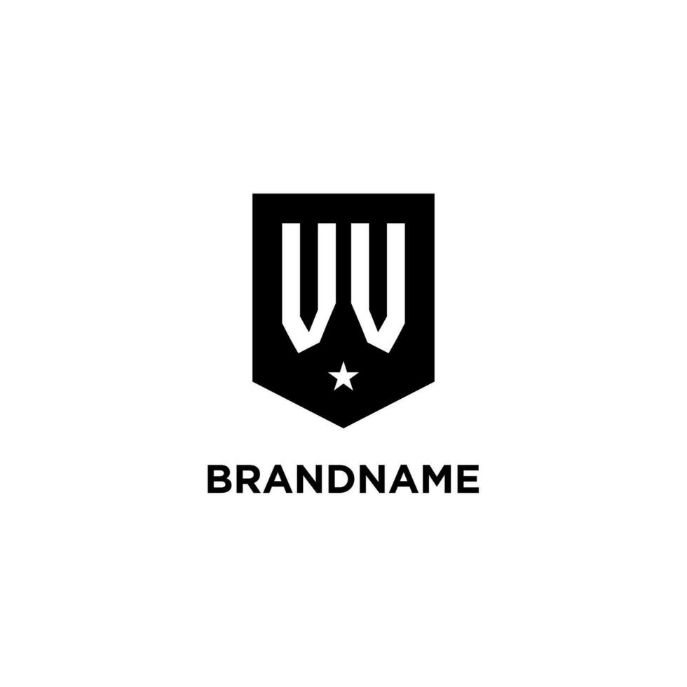 VV monogram initial logo with geometric shield and star icon design style vector