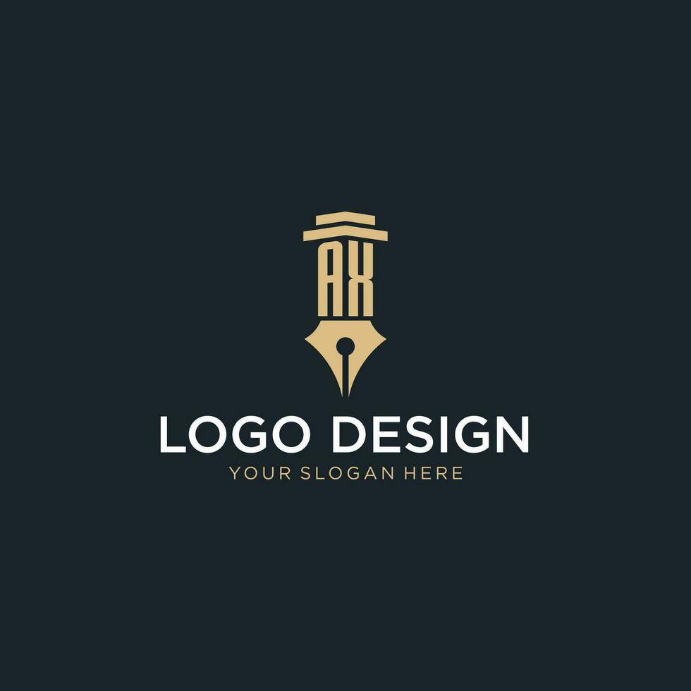 AX monogram initial logo with fountain pen and pillar style vector