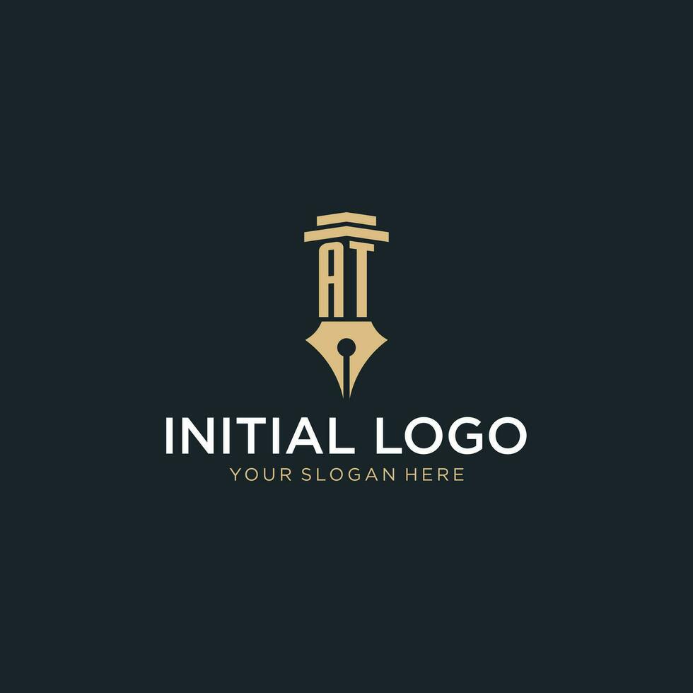 AT monogram initial logo with fountain pen and pillar style vector