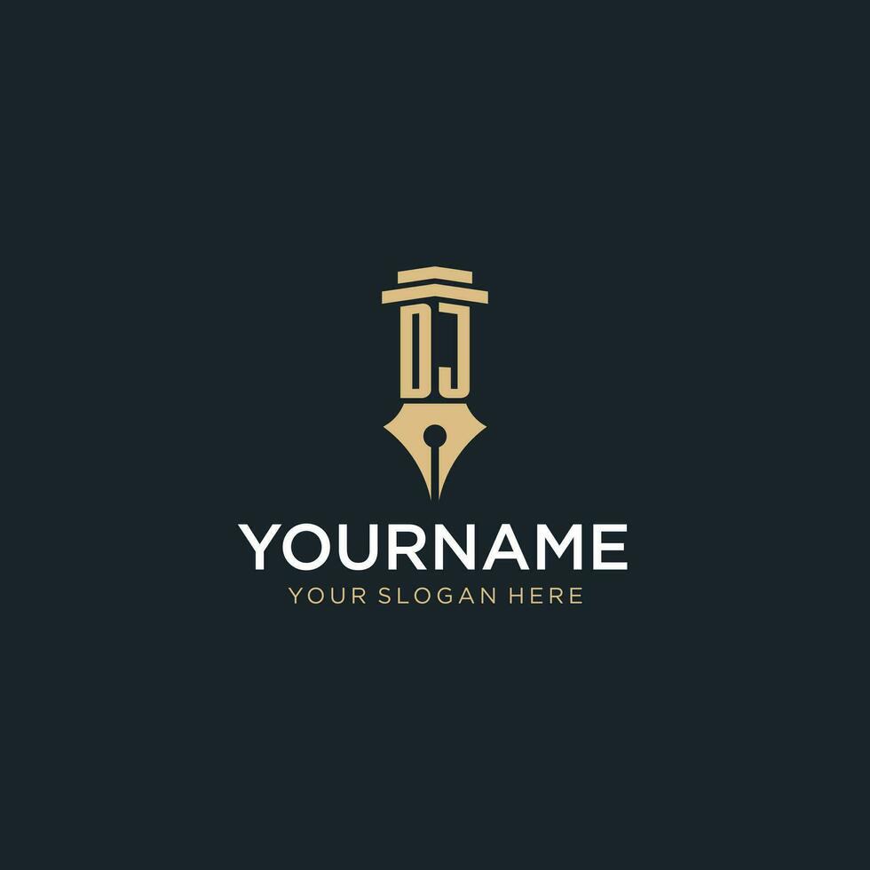 DJ monogram initial logo with fountain pen and pillar style vector