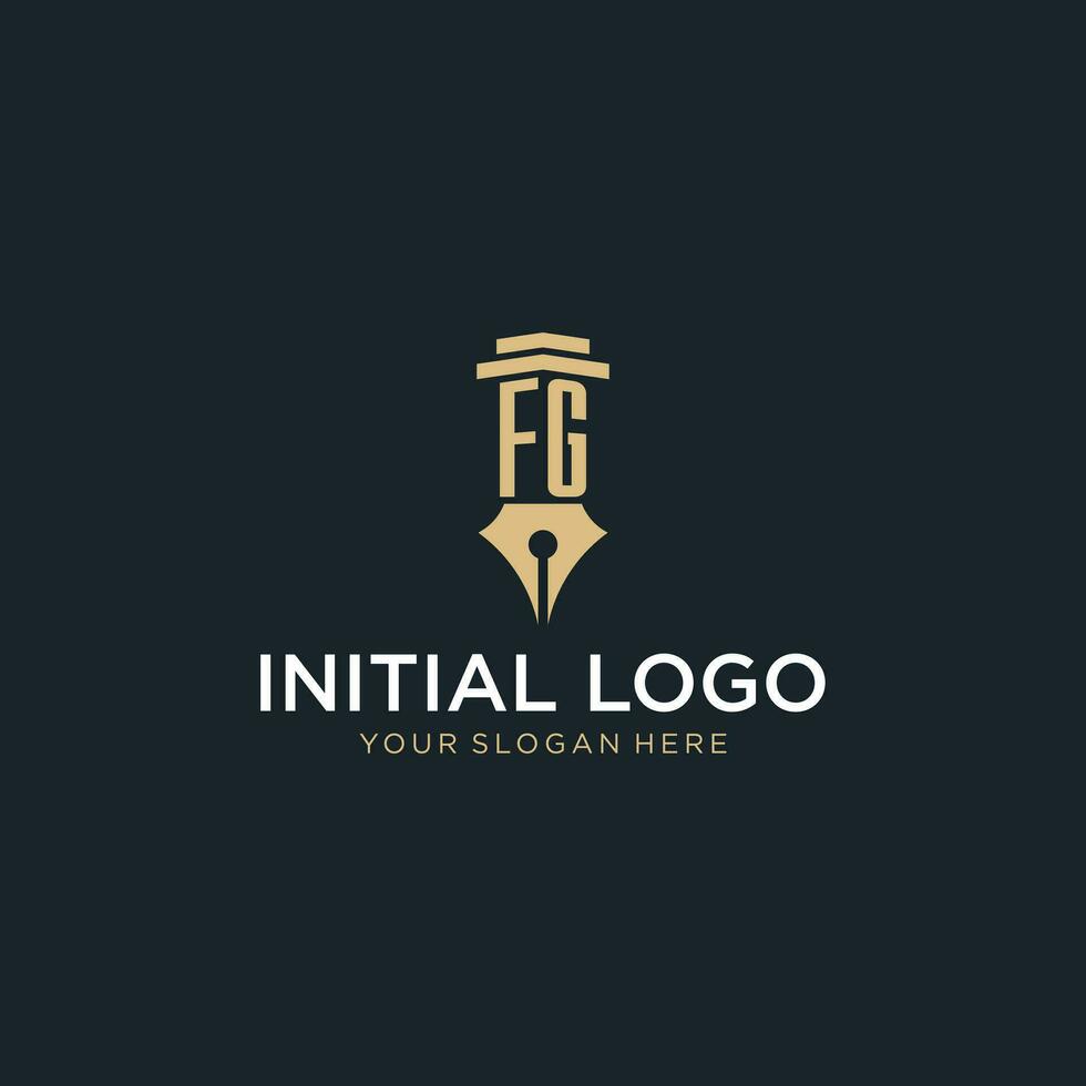 FG monogram initial logo with fountain pen and pillar style vector