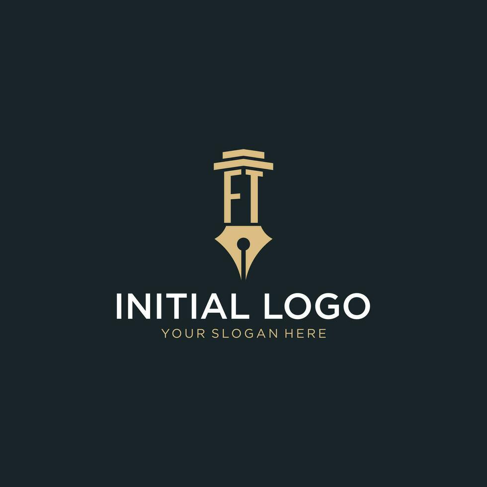 FT monogram initial logo with fountain pen and pillar style vector
