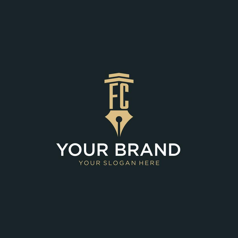 FC monogram initial logo with fountain pen and pillar style vector