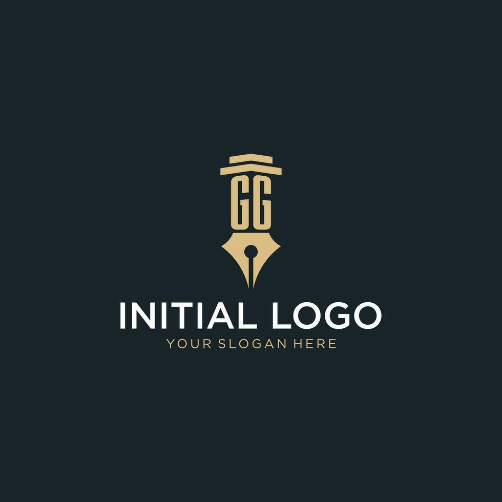 GG monogram initial logo with fountain pen and pillar style vector