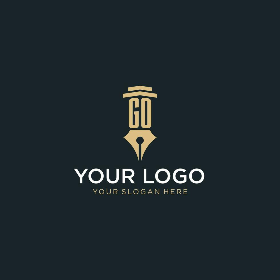 GO monogram initial logo with fountain pen and pillar style vector