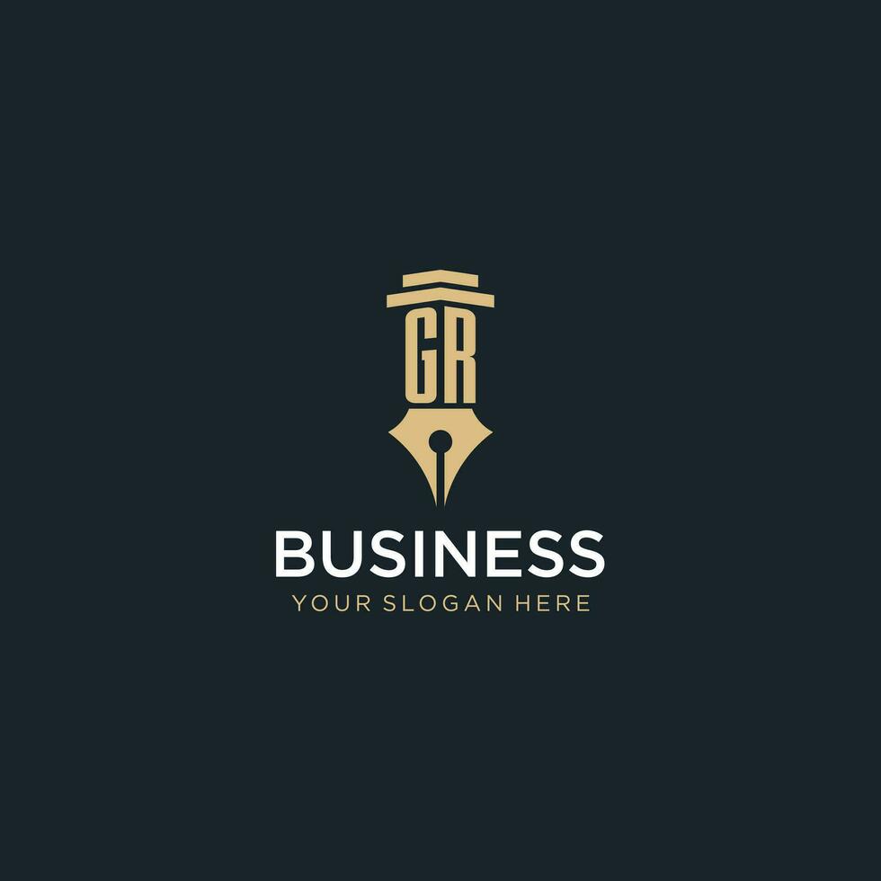GR monogram initial logo with fountain pen and pillar style vector