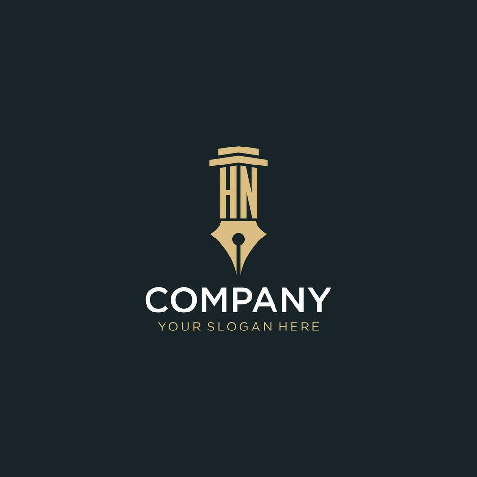 HN monogram initial logo with fountain pen and pillar style vector