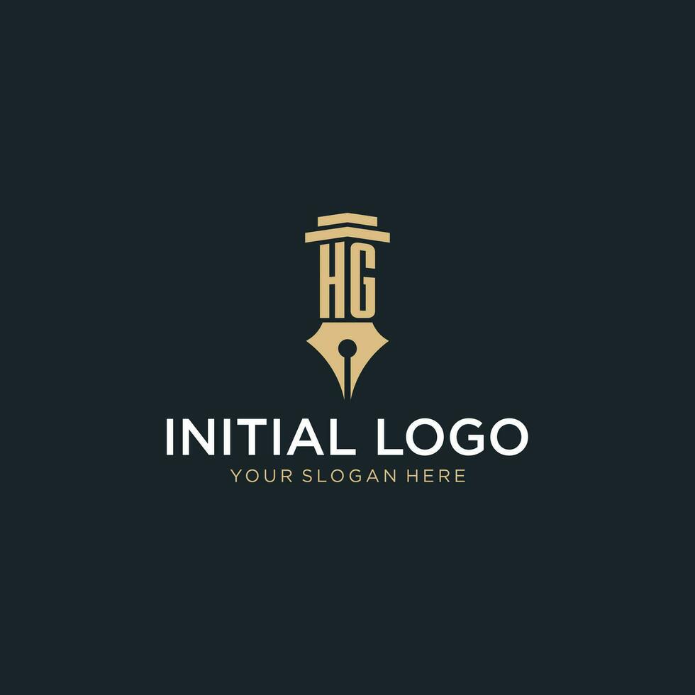 HG monogram initial logo with fountain pen and pillar style vector