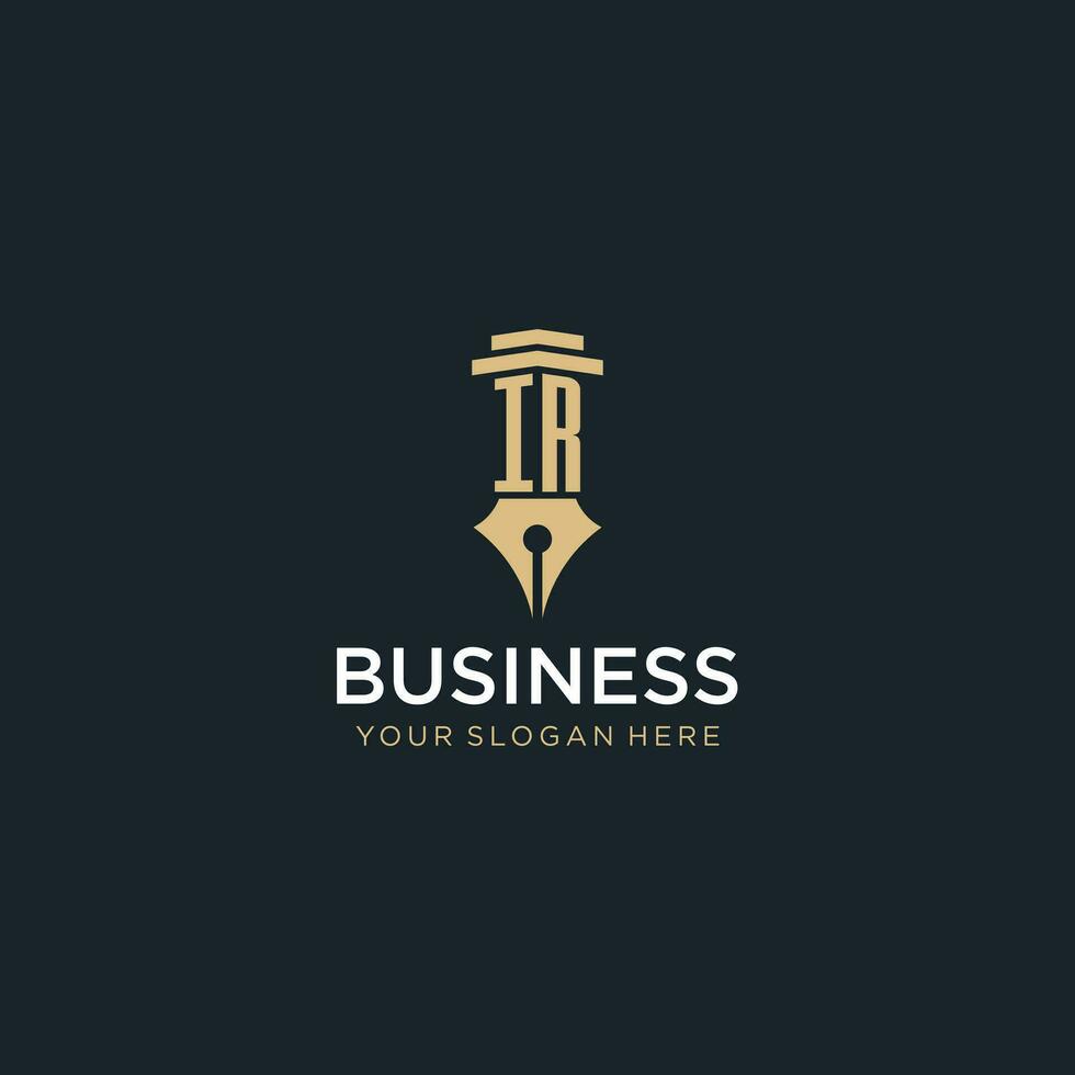 IR monogram initial logo with fountain pen and pillar style vector