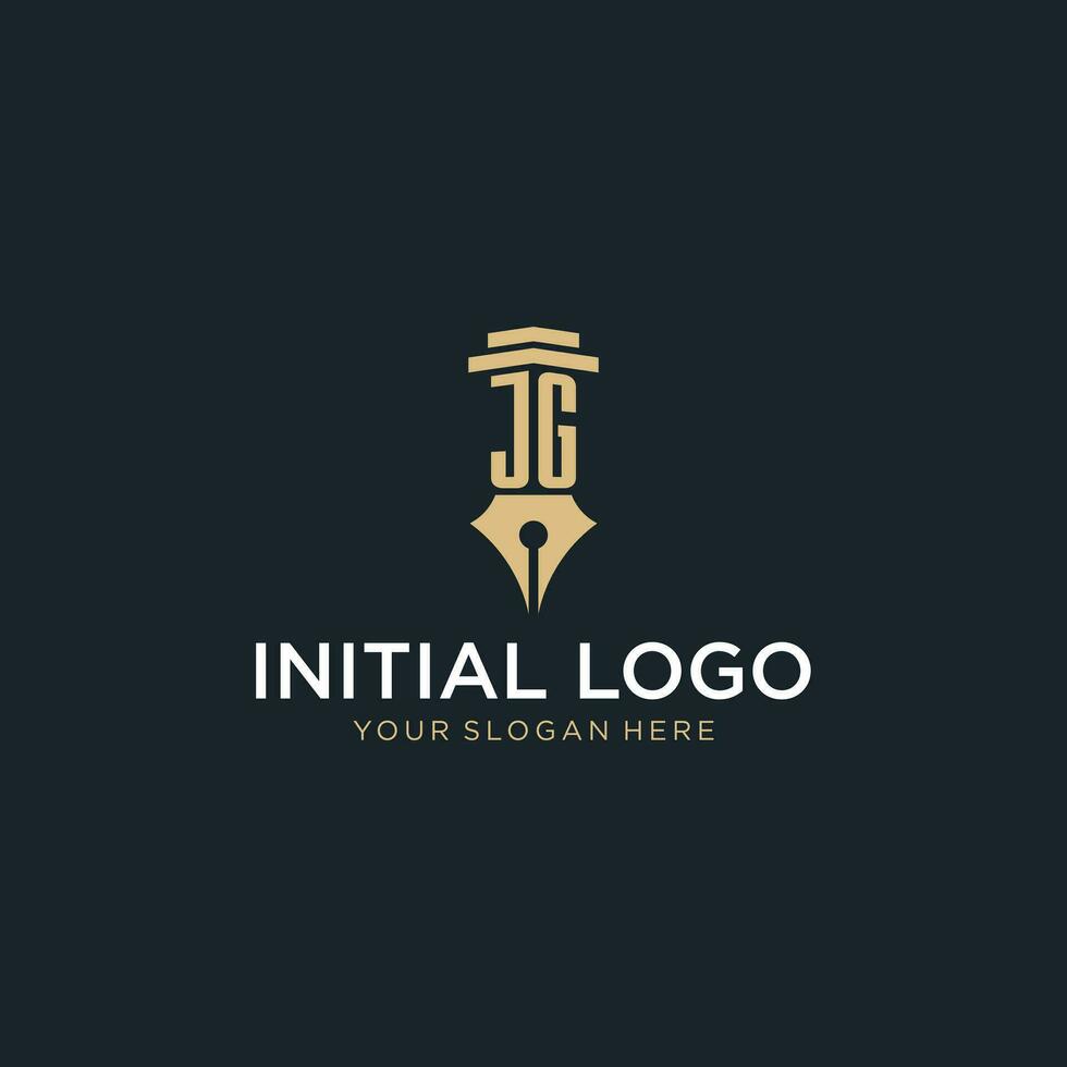 JG monogram initial logo with fountain pen and pillar style vector