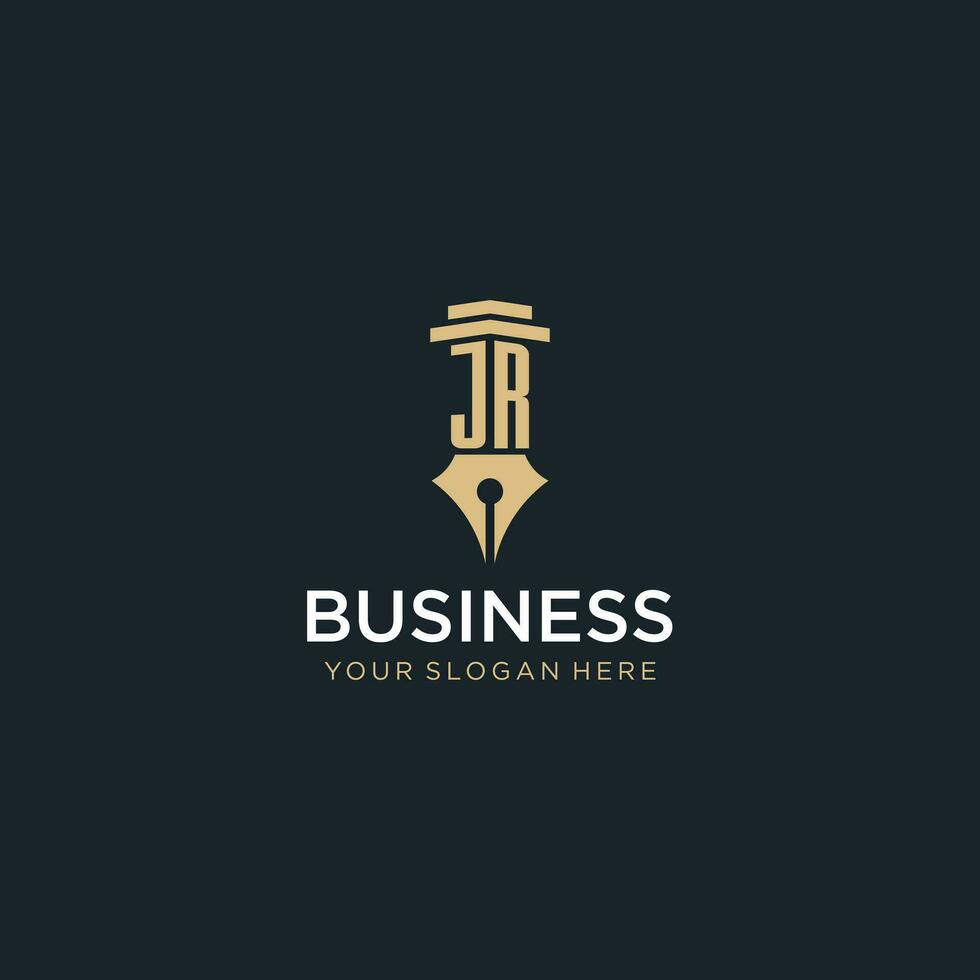 JR monogram initial logo with fountain pen and pillar style vector
