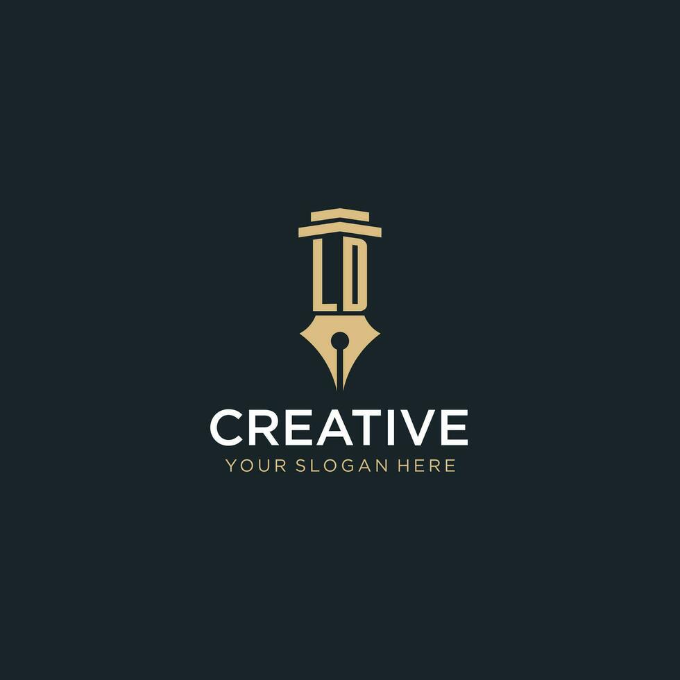 LD monogram initial logo with fountain pen and pillar style vector