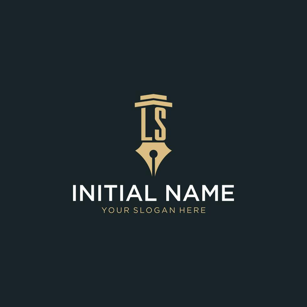 LS monogram initial logo with fountain pen and pillar style vector