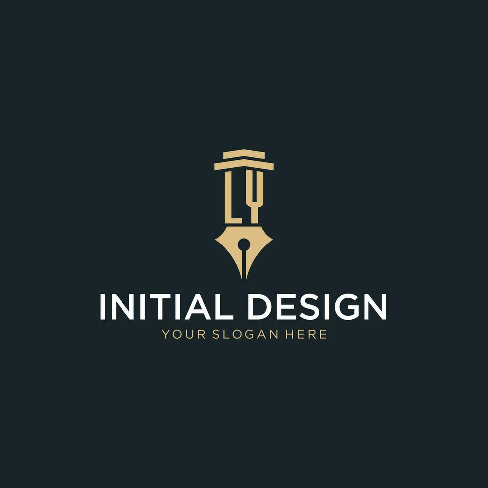 LY monogram initial logo with fountain pen and pillar style vector