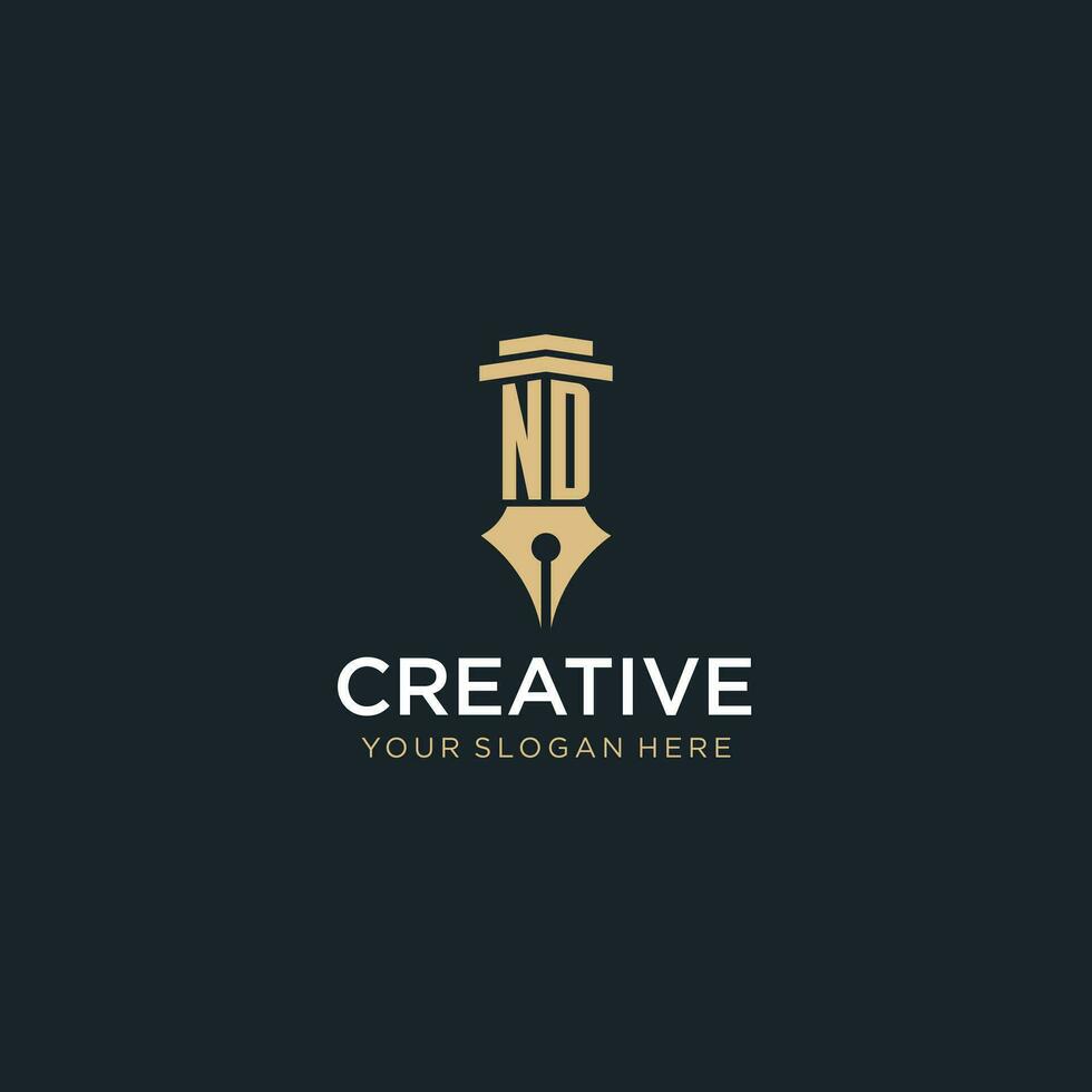 ND monogram initial logo with fountain pen and pillar style vector