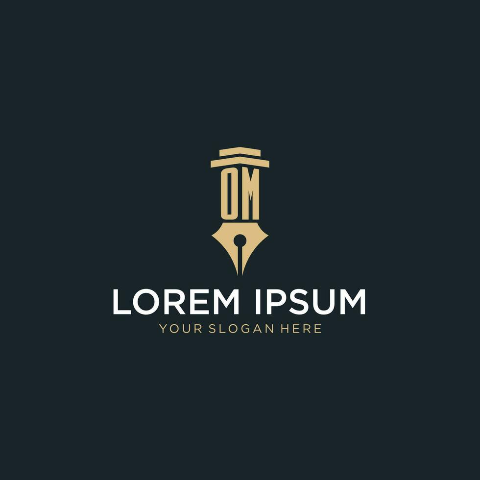 OM monogram initial logo with fountain pen and pillar style vector