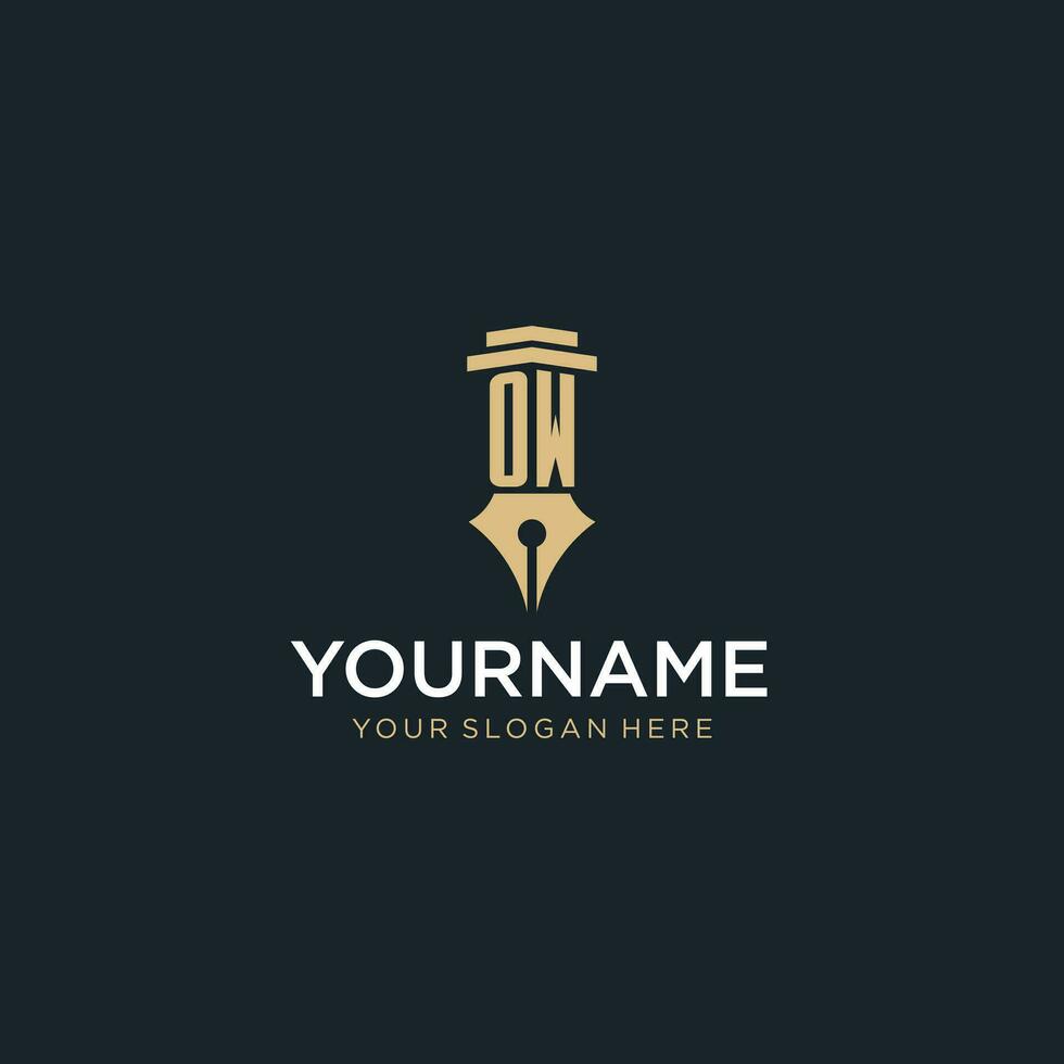 OW monogram initial logo with fountain pen and pillar style vector