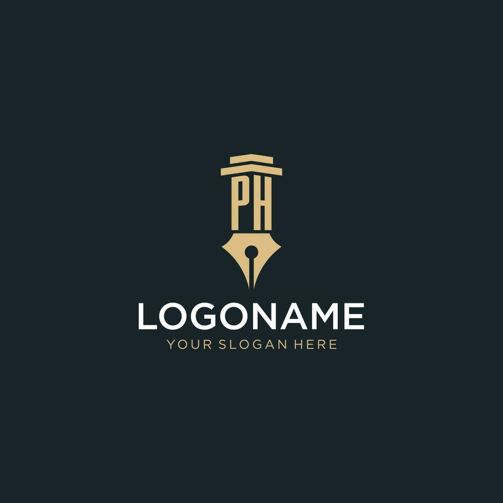 PH monogram initial logo with fountain pen and pillar style vector