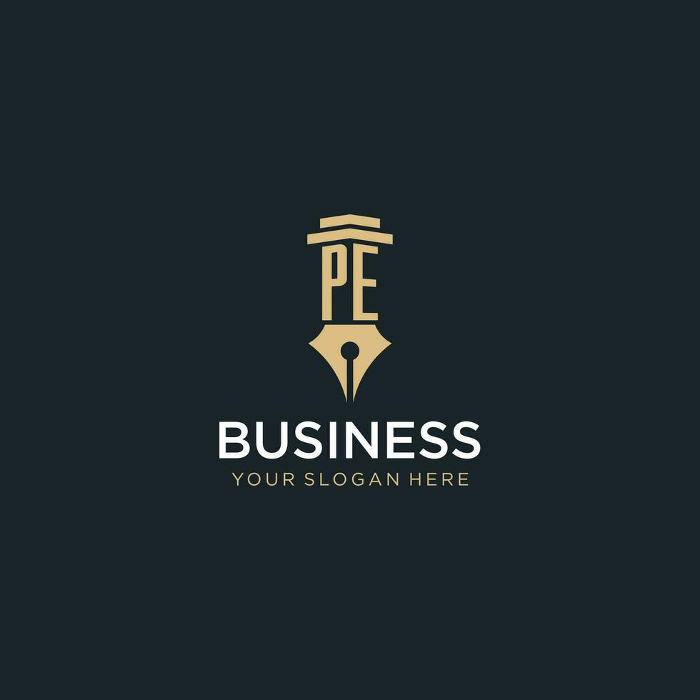 PE monogram initial logo with fountain pen and pillar style vector